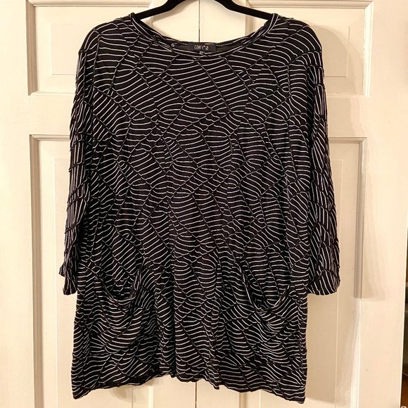 Comfy USA Lagenlook Black White Textured Stripe Pocket Tunic Size M
